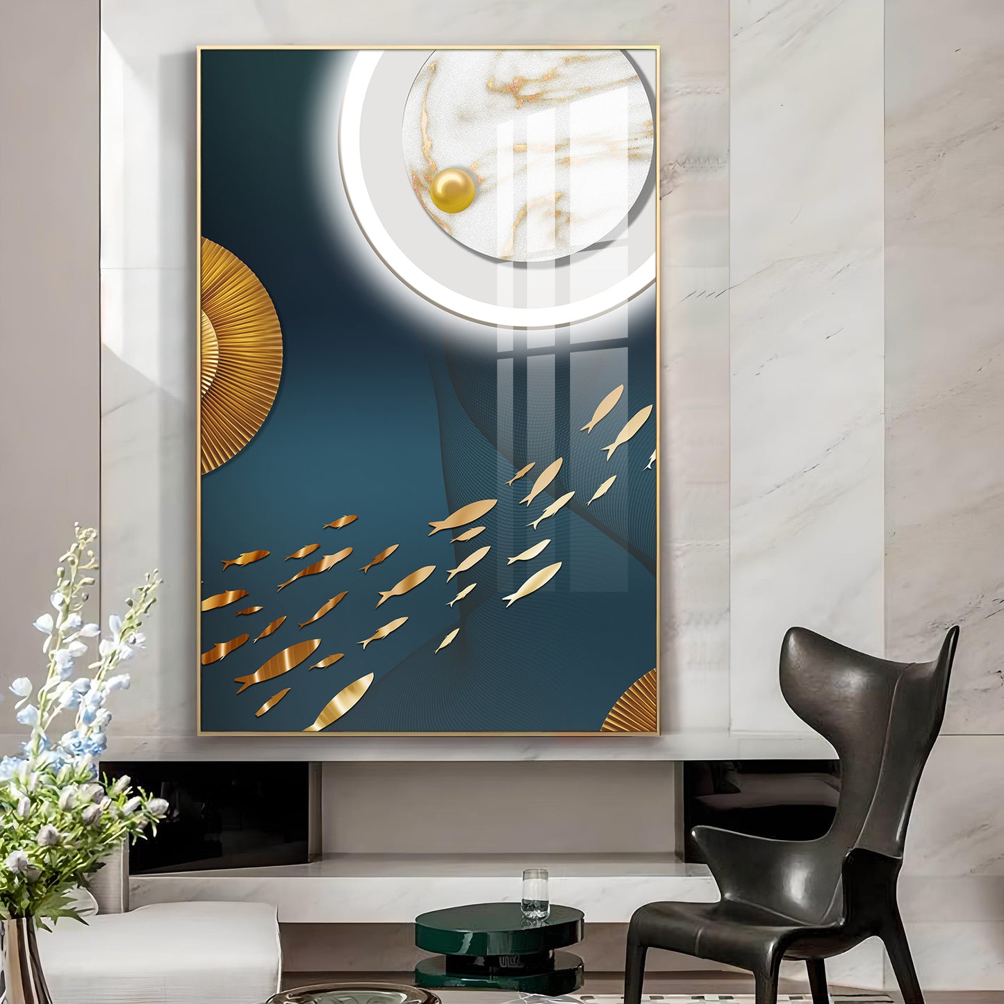 Tranquil Fish In White Space Glass Finish Vertical Wall Art