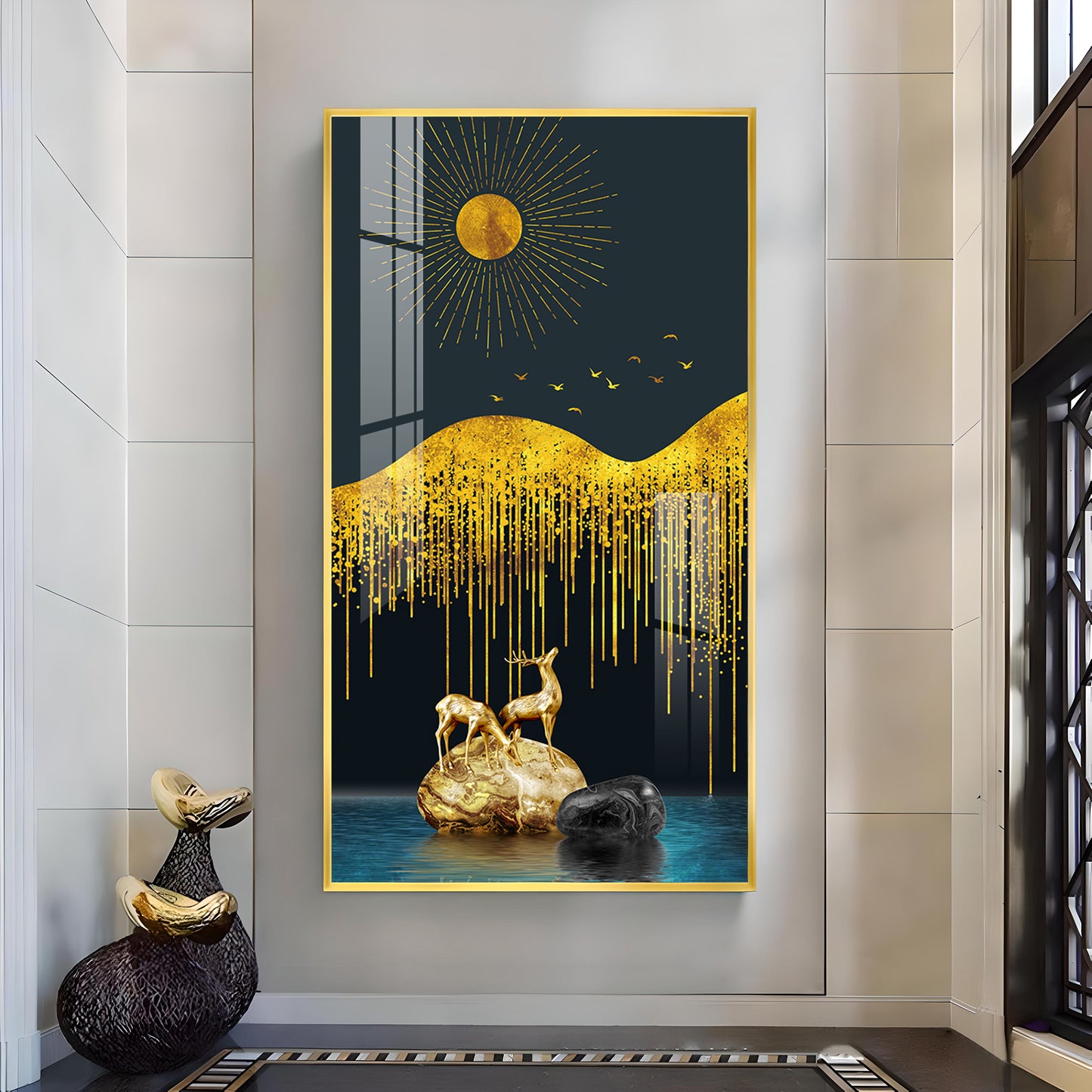 Golden Deer Essence Glass Finish Vertical Wall Art