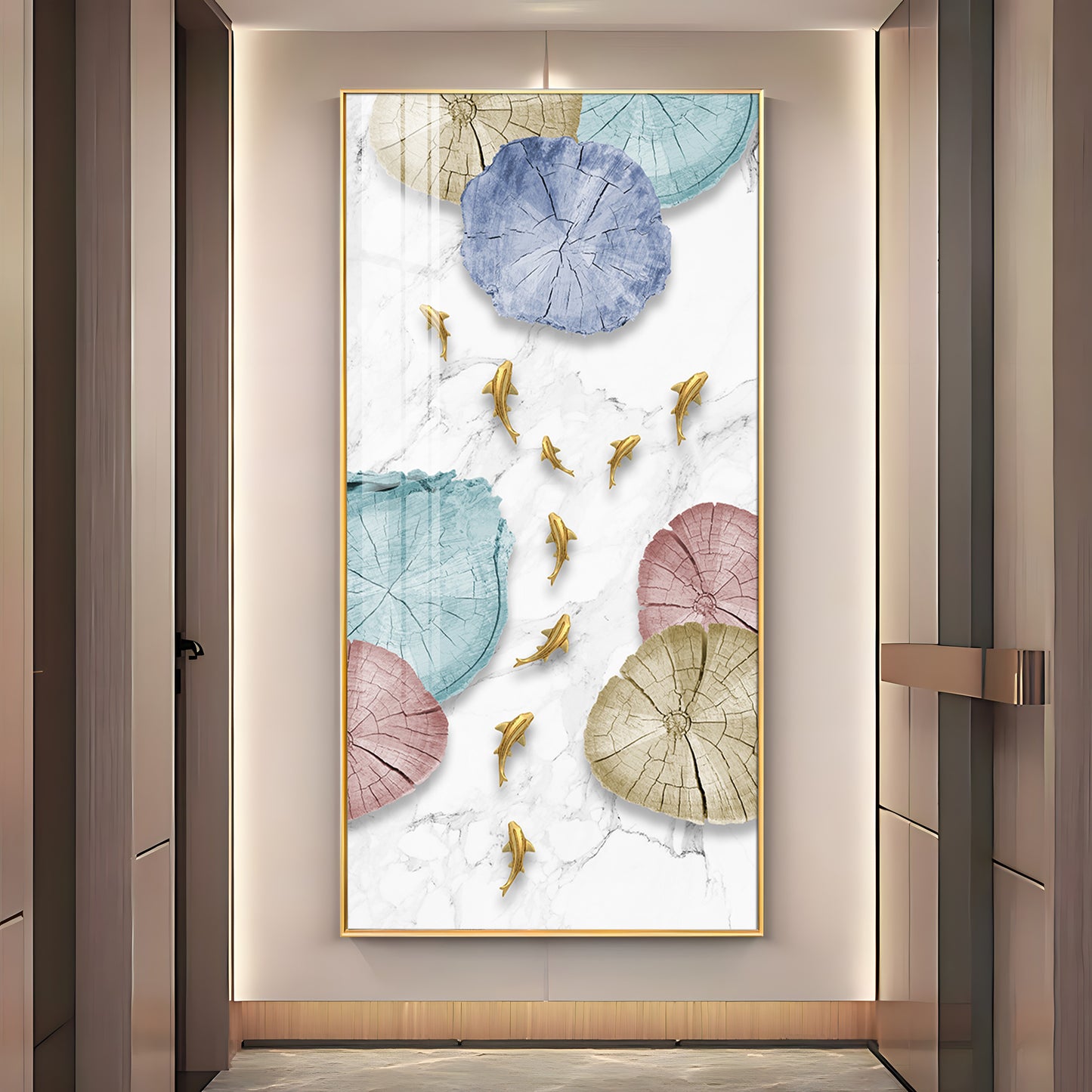 Golden Fish Umbrella Mosaic Glass Finish Vertical Wall Art
