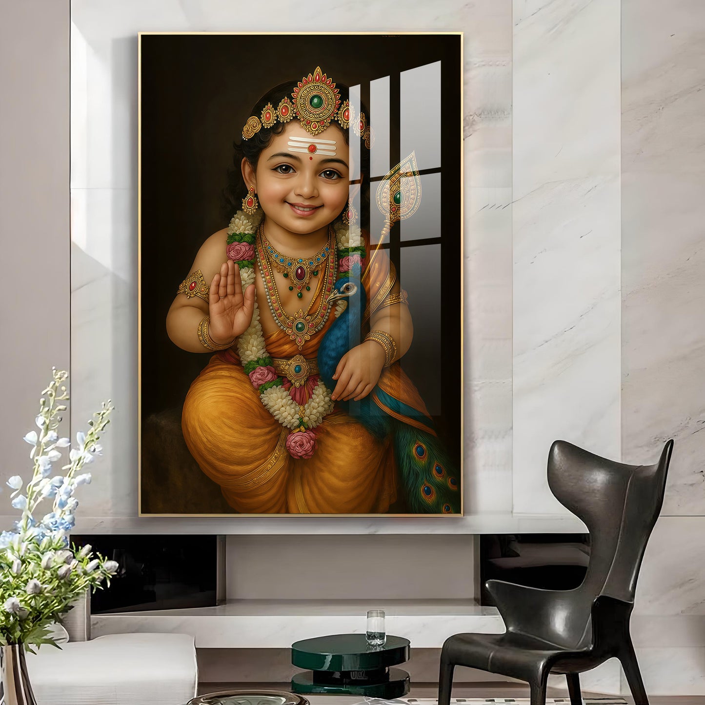 Lord kartikeya Swamy Glass Finish Vertical Wall Art