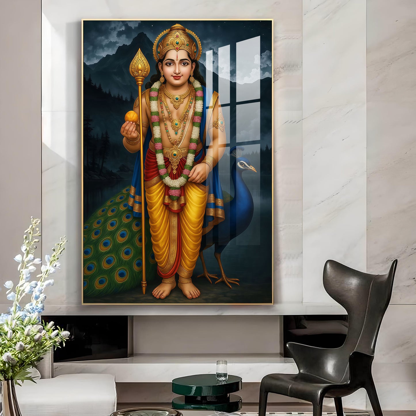 Lord Kartikeya Glass Finish Vertical Wall Art