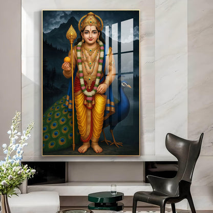 Lord Kartikeya Glass Finish Vertical Wall Art