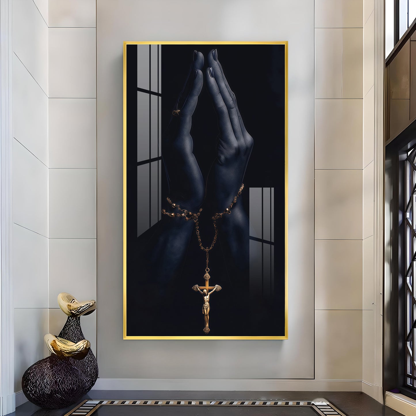 Jesus On The Cross Hand Glass Finish Vertical Wall Art
