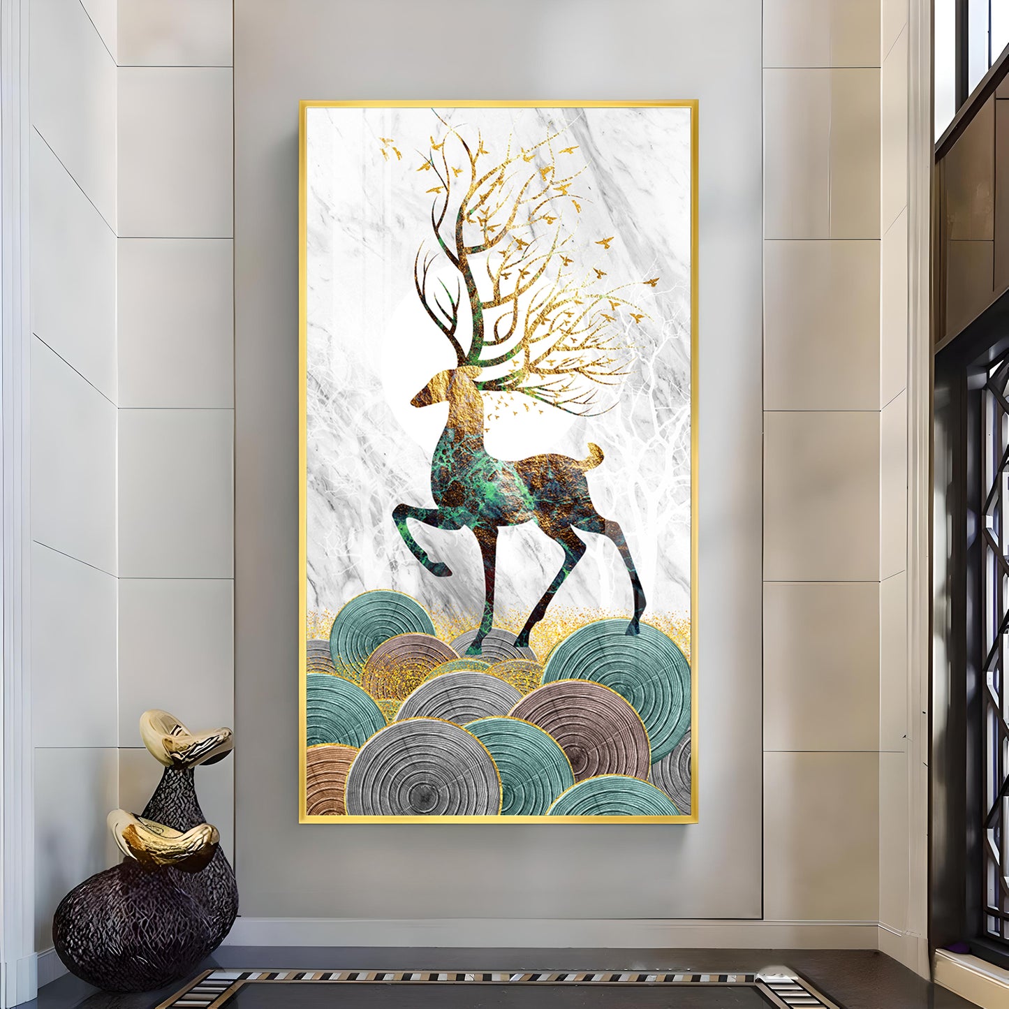 Deer and Its Branches Glass Finish Vertical Wall Art