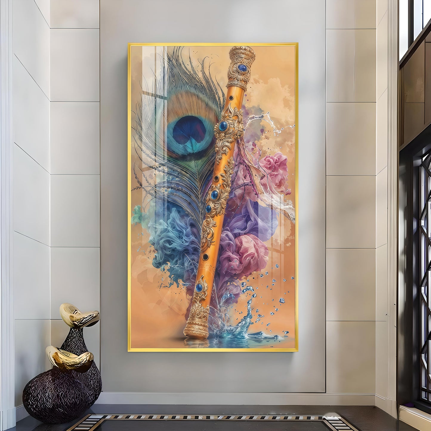 Peacock Feather With Flute Glass Finish Vertical wall Art