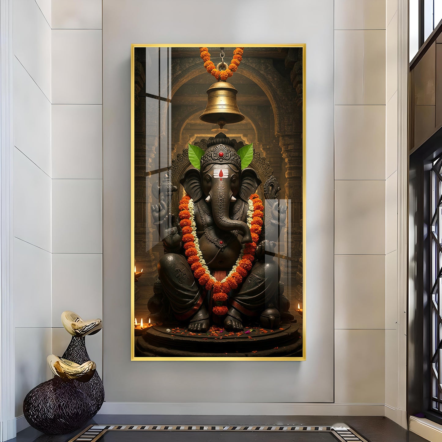 Lord Ganesh Blessing Glass Finish Vertical Wall Art