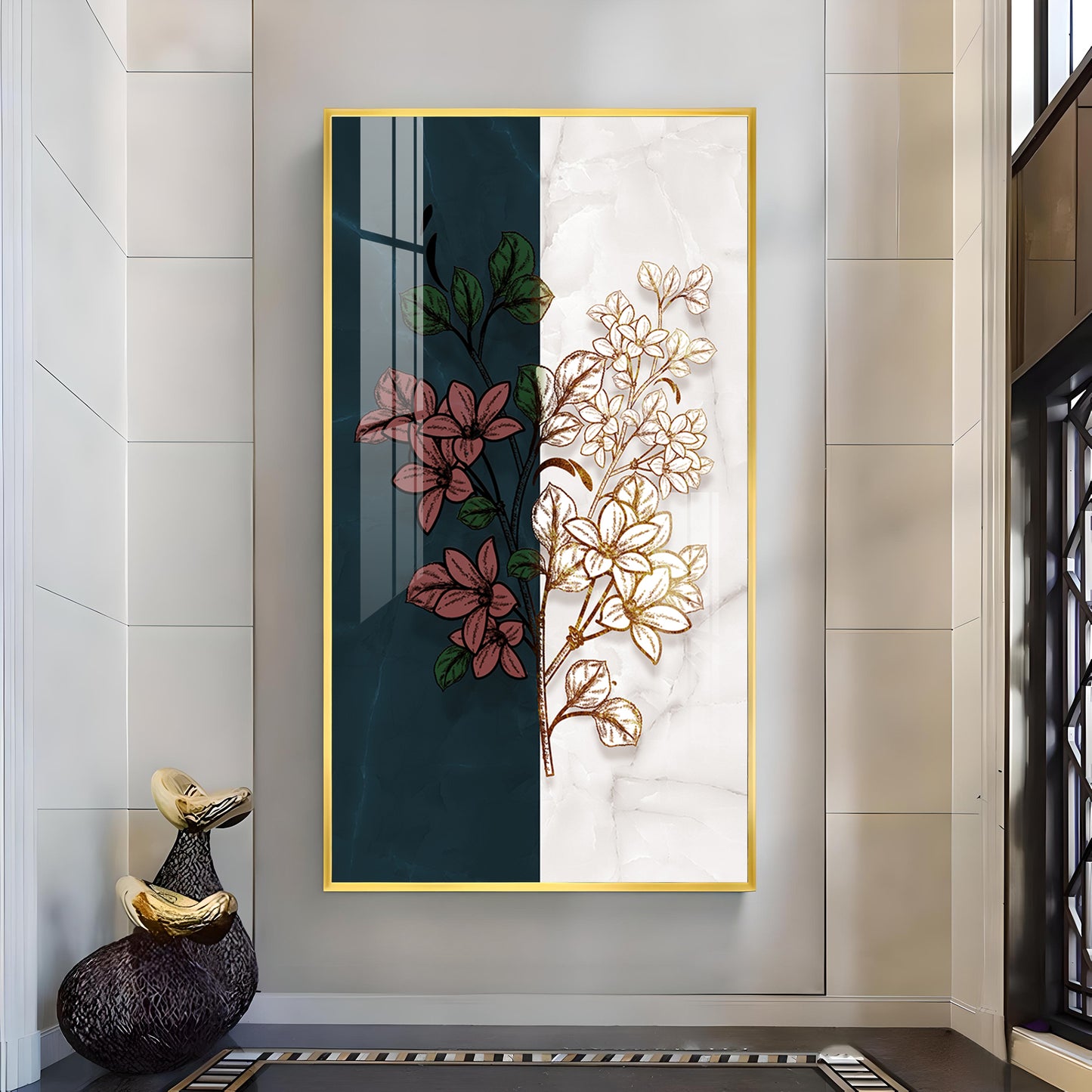 Dual Floral Marble Glass Finish Vertical Wall Art