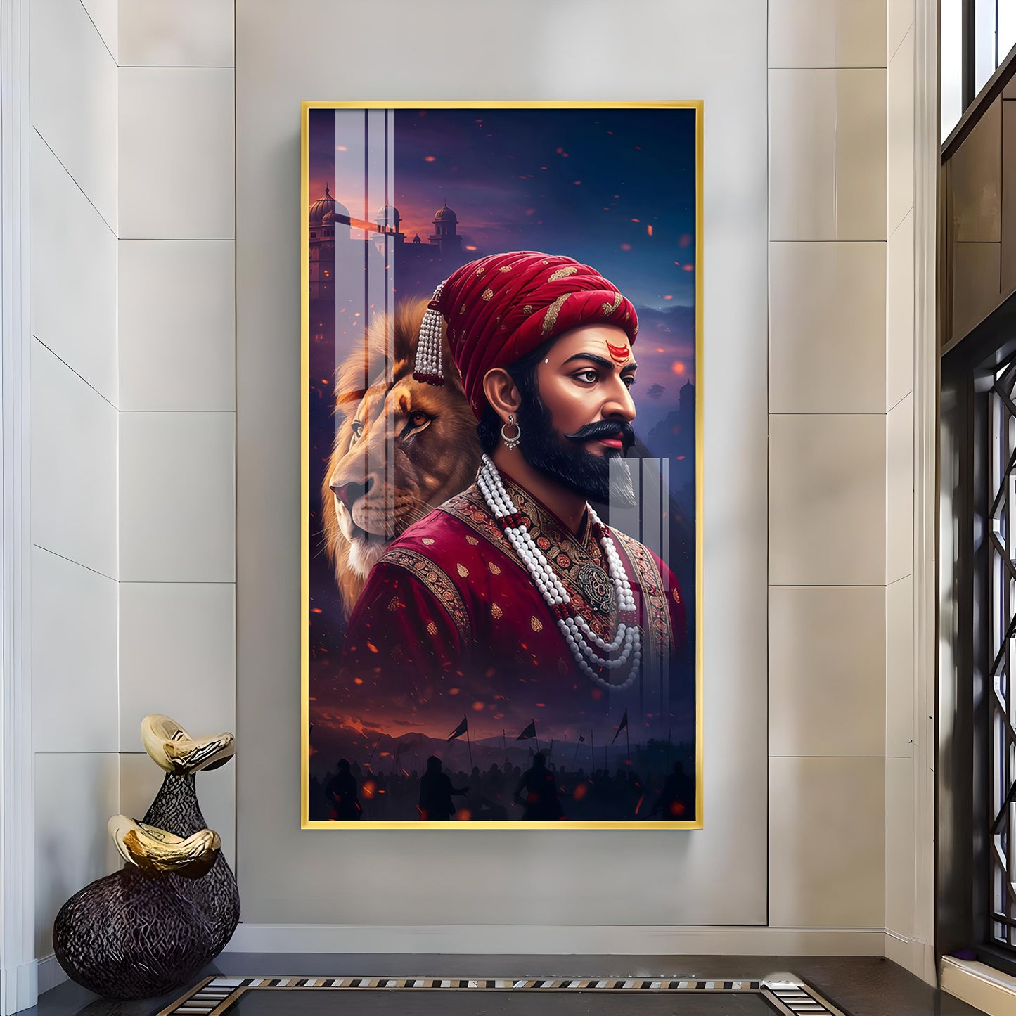 Real Warrior Chhatrapati Sambhaji Maharaj Glass Finish Vertical Wall Art