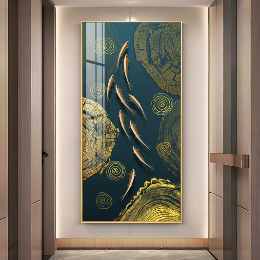 Green Koi Fishes Glass Finish Vertical Wall Art