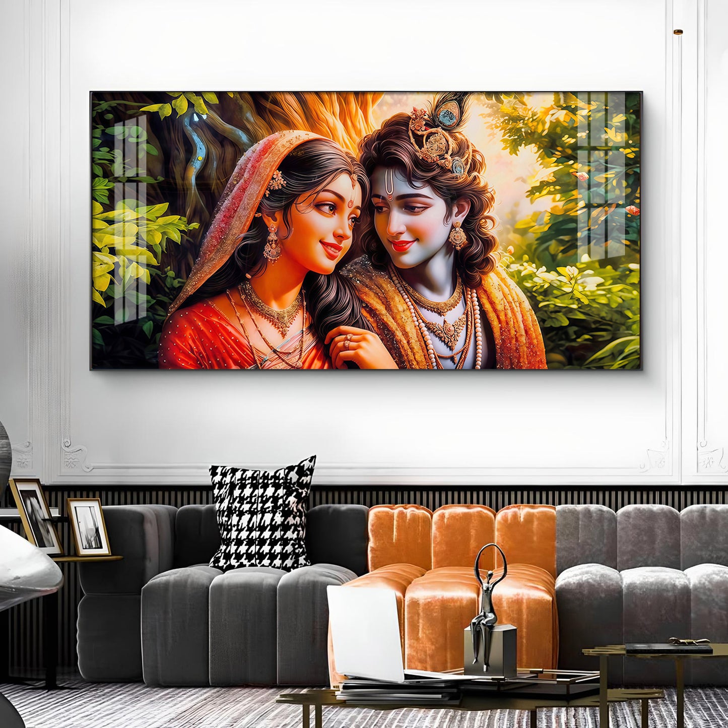 Loving Couple Radha and Krishna Glass Finish Horizontal Wall Art