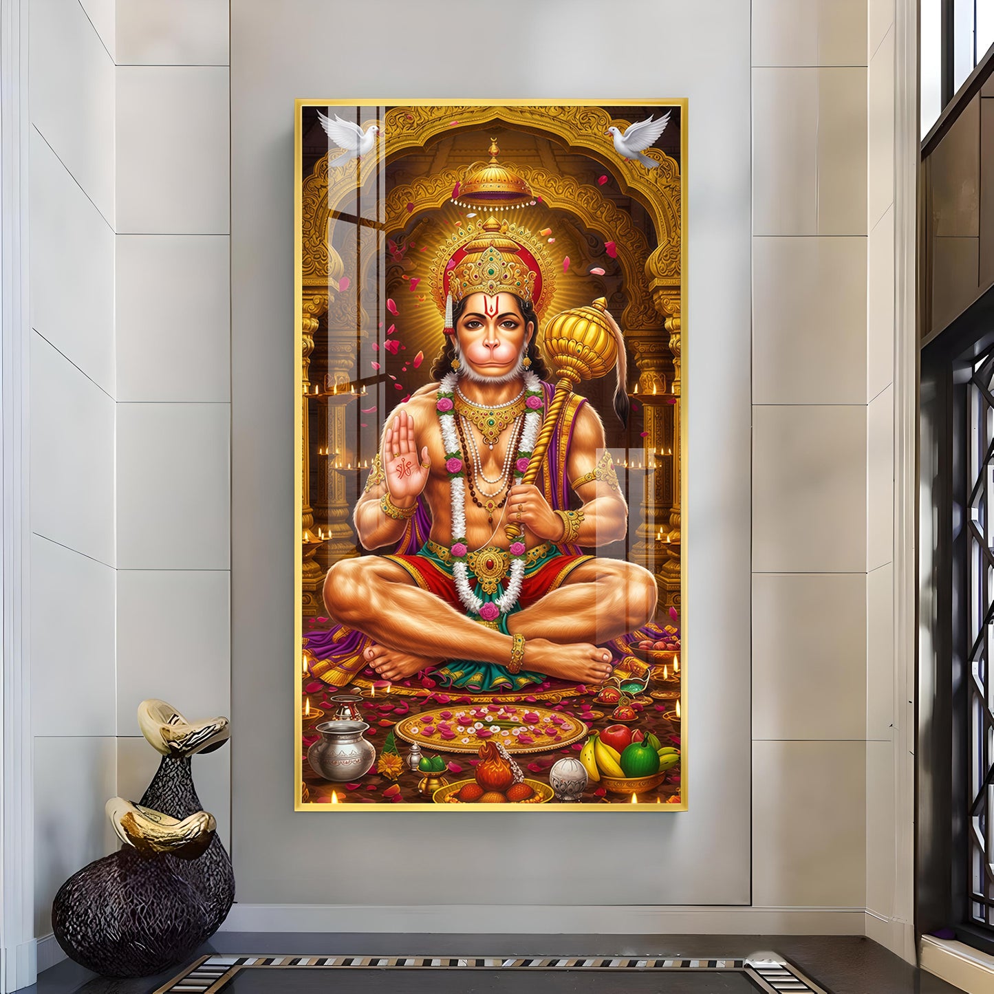 Spiritual Hanuman Ji Glass Finish Vertical Wall Art