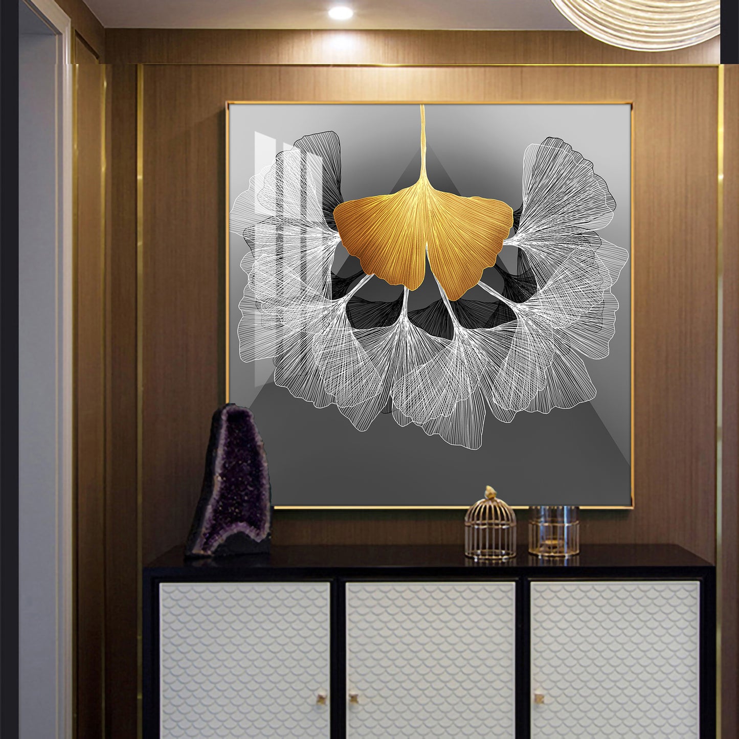 Ginkgo Leaf Glass Finish Square Wall Art