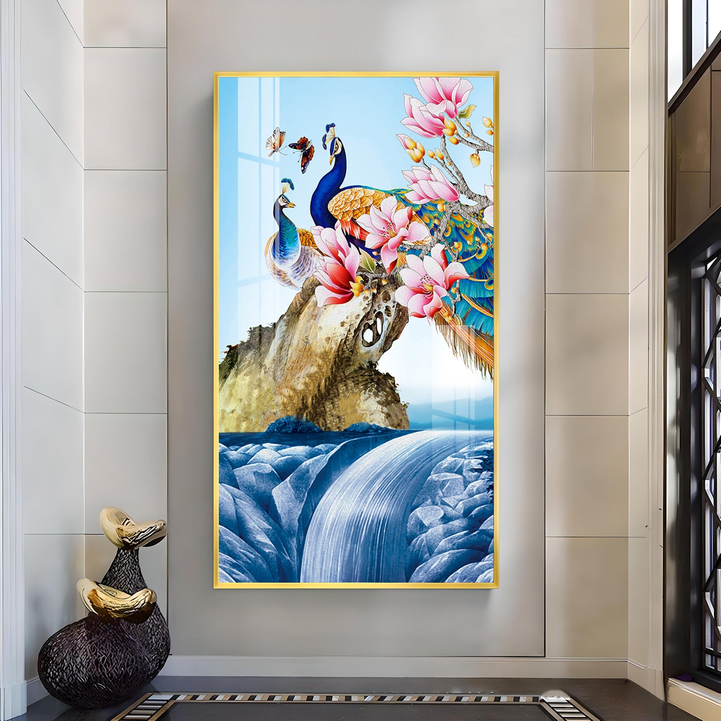 Peacock Amidst Floral Waters Glass Finish Vertical Wall Art