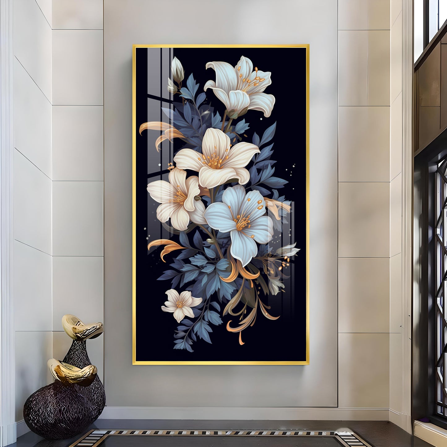 Obsidian Floral Glass Finish Vertical Wall Art