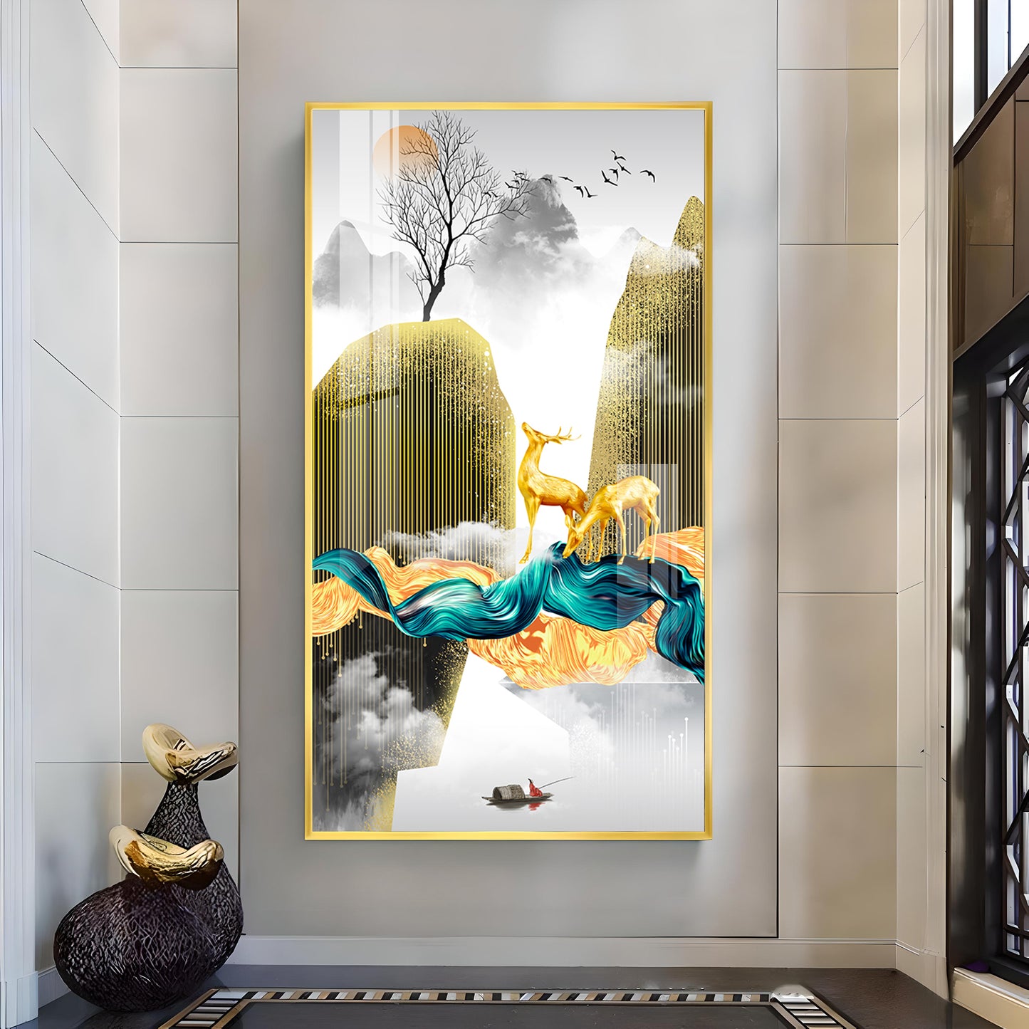 Deer In The Sky Glass Finish Vertical Wall Art