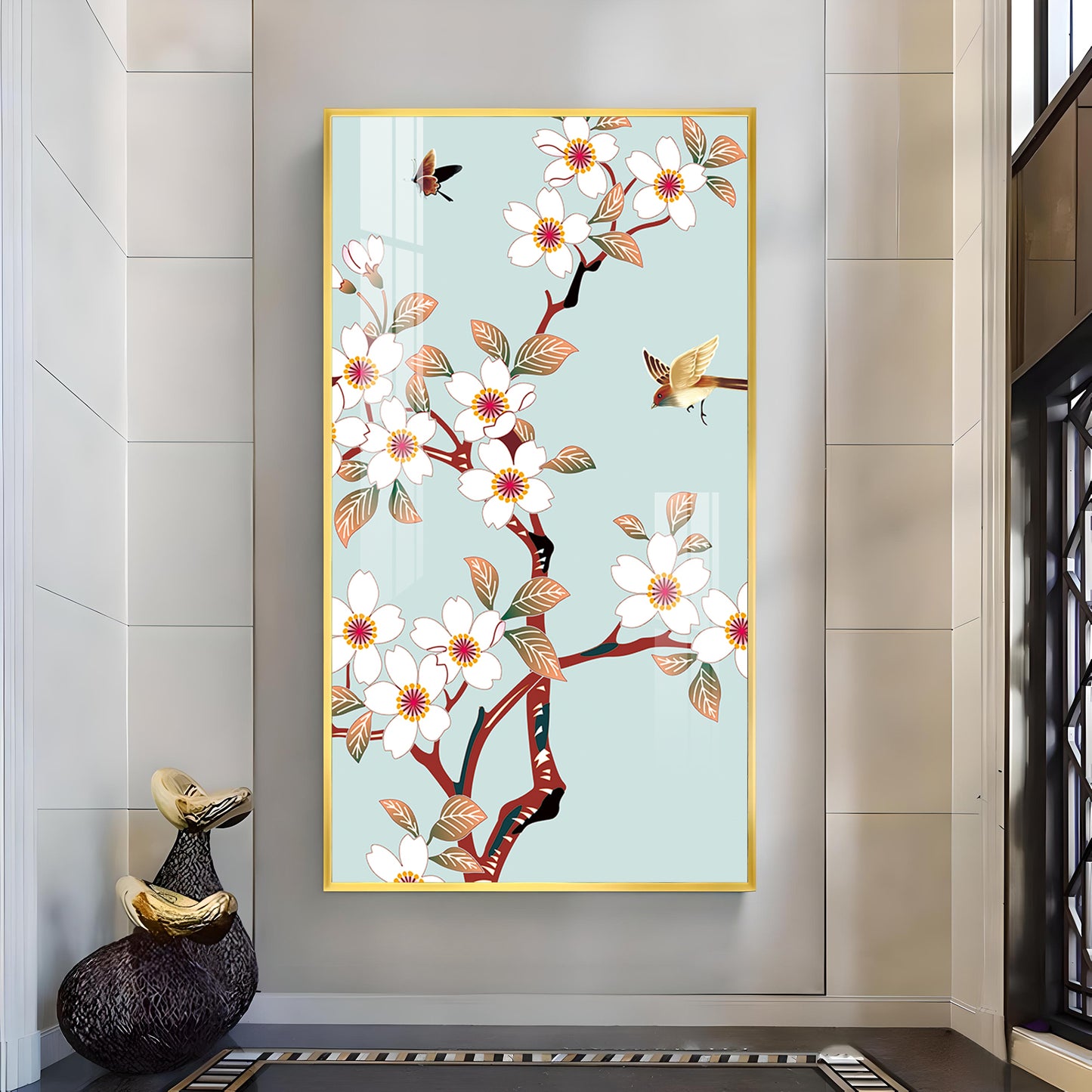 Avian Blossom Glass Finish Vertical Wall Art