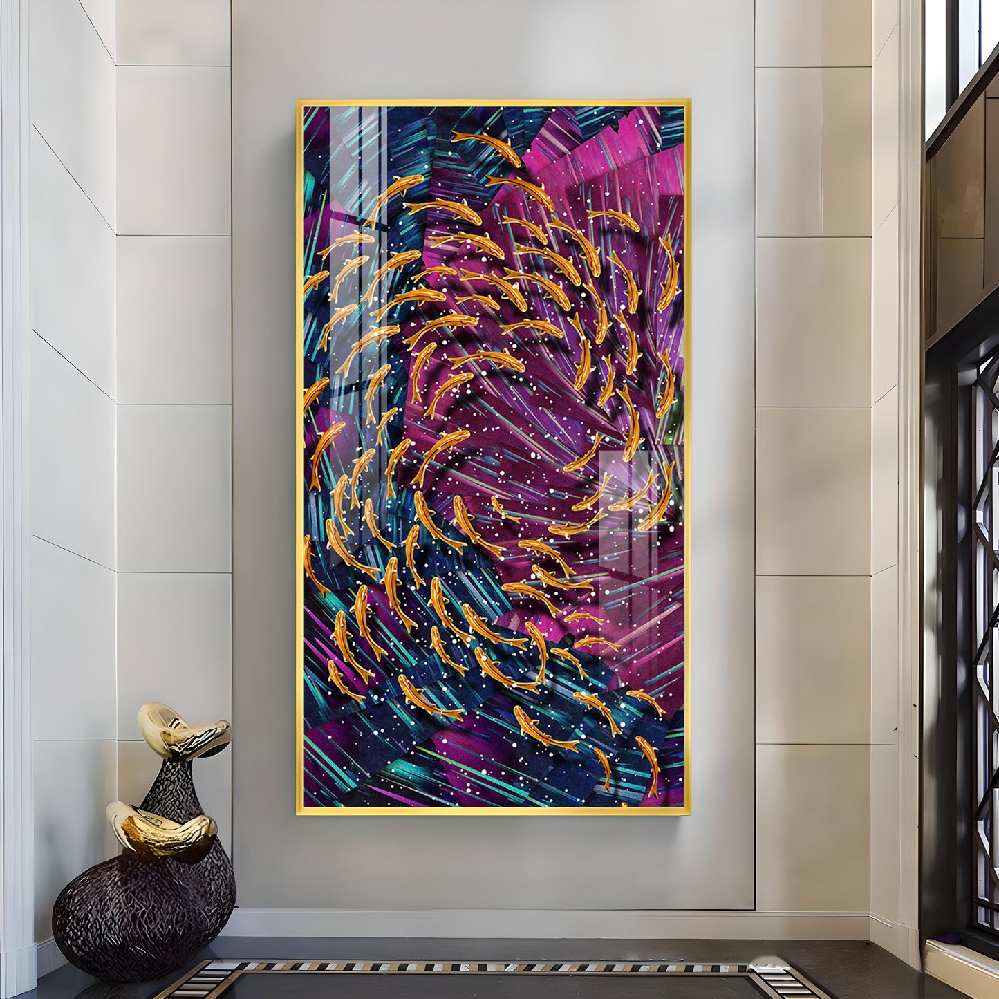 Chromatic Fish Dance Glass Finish Vertical Wall Art