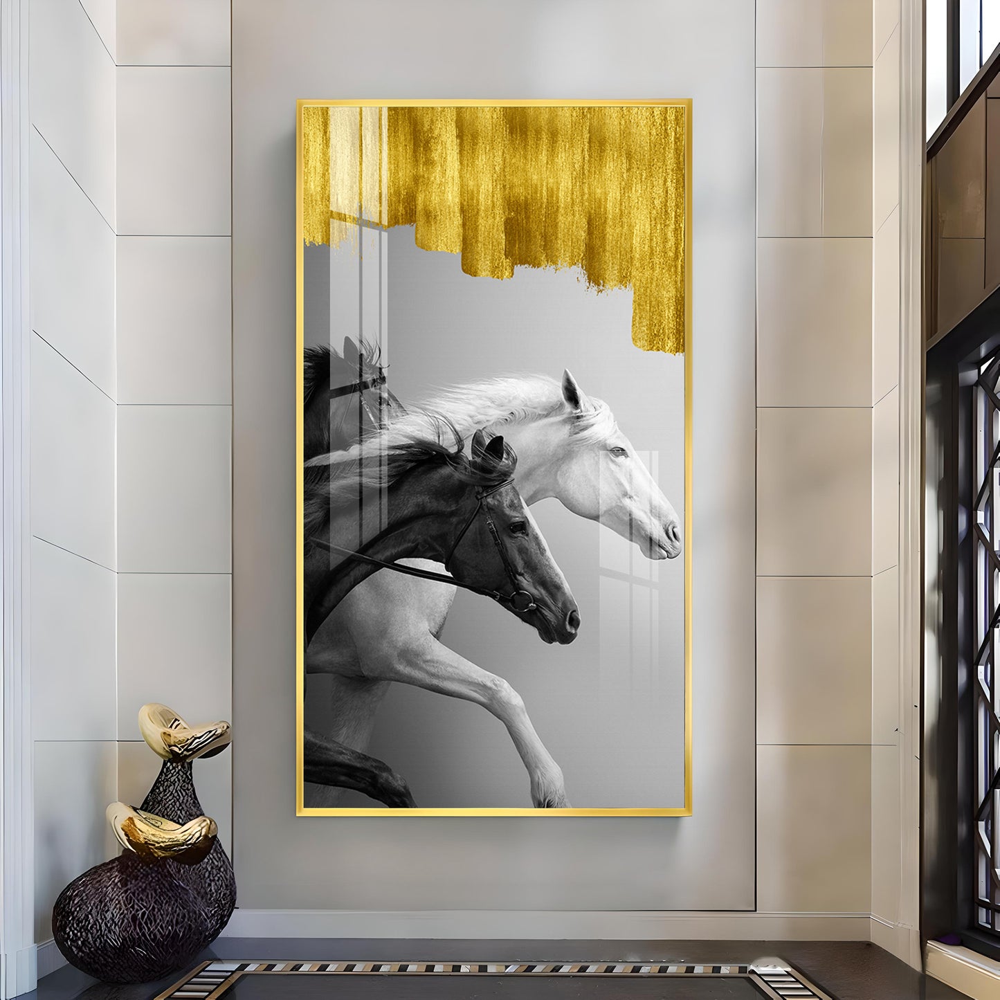 Running Stallions Glass Finish Vertical Wall Art