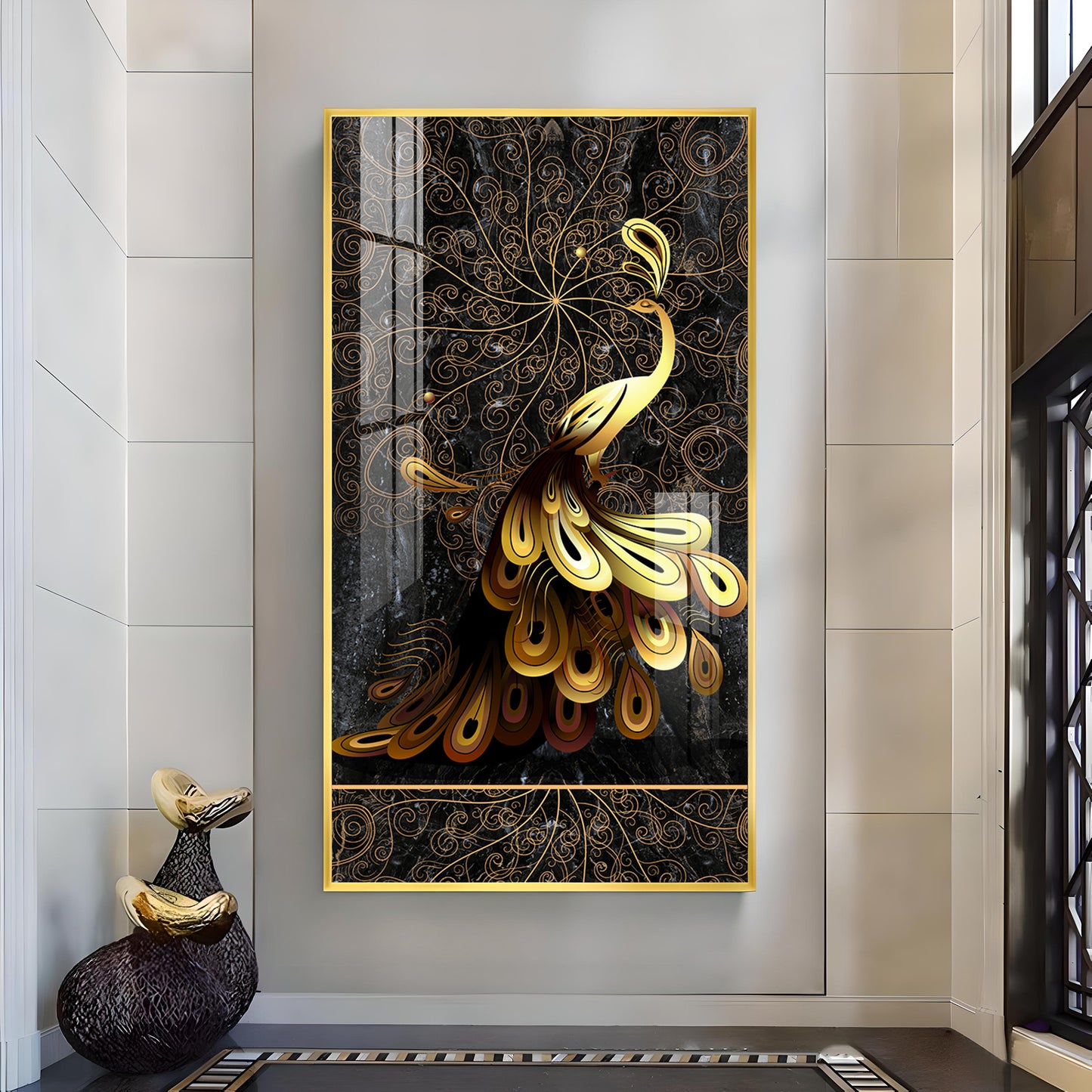 Golden Veil Peacock Glass Finish Vertical Wall Art