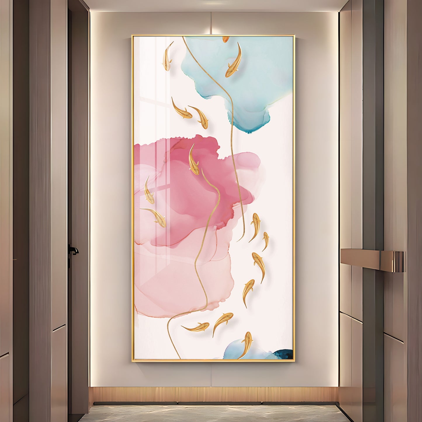 Pink and Blue Floral Glass Finish Vertical Wall Art