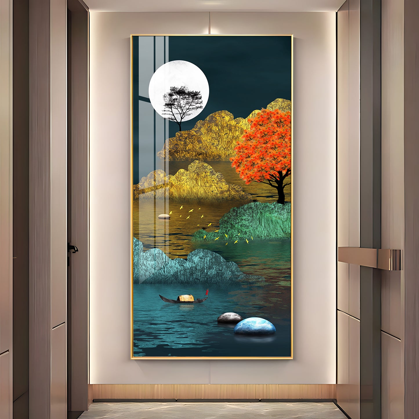 Tranquil Waterscape Glass Finish Vertical Wall Art