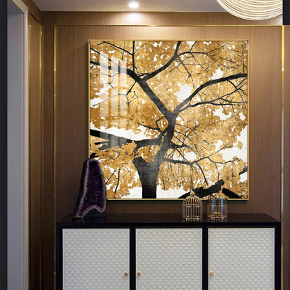 Radiant Tree of Gold Glass Finish Square Wall Art