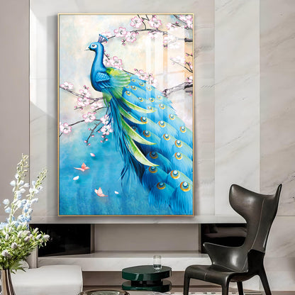 Peacock In Bloom Glass Finish Vertical Wall Art