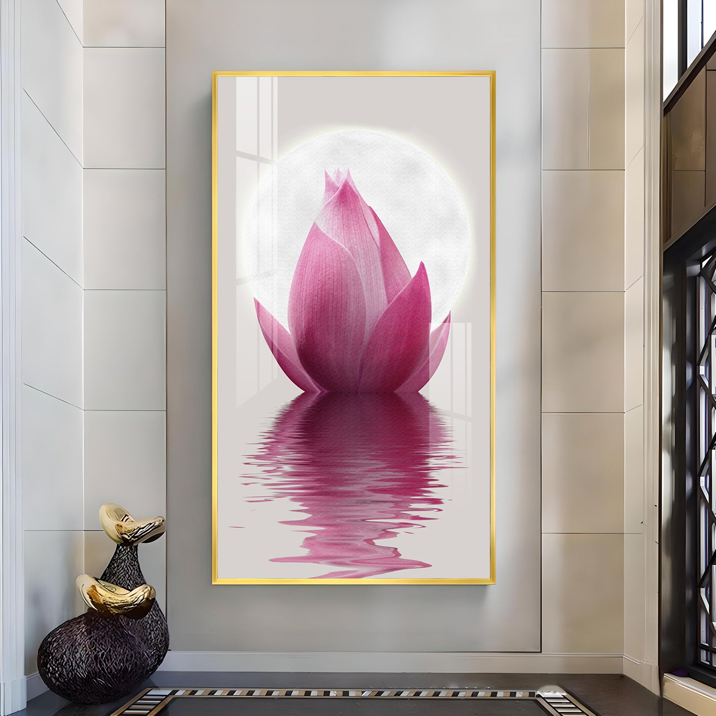 Lunar Lotus Glass Finish Vertical Wall Art