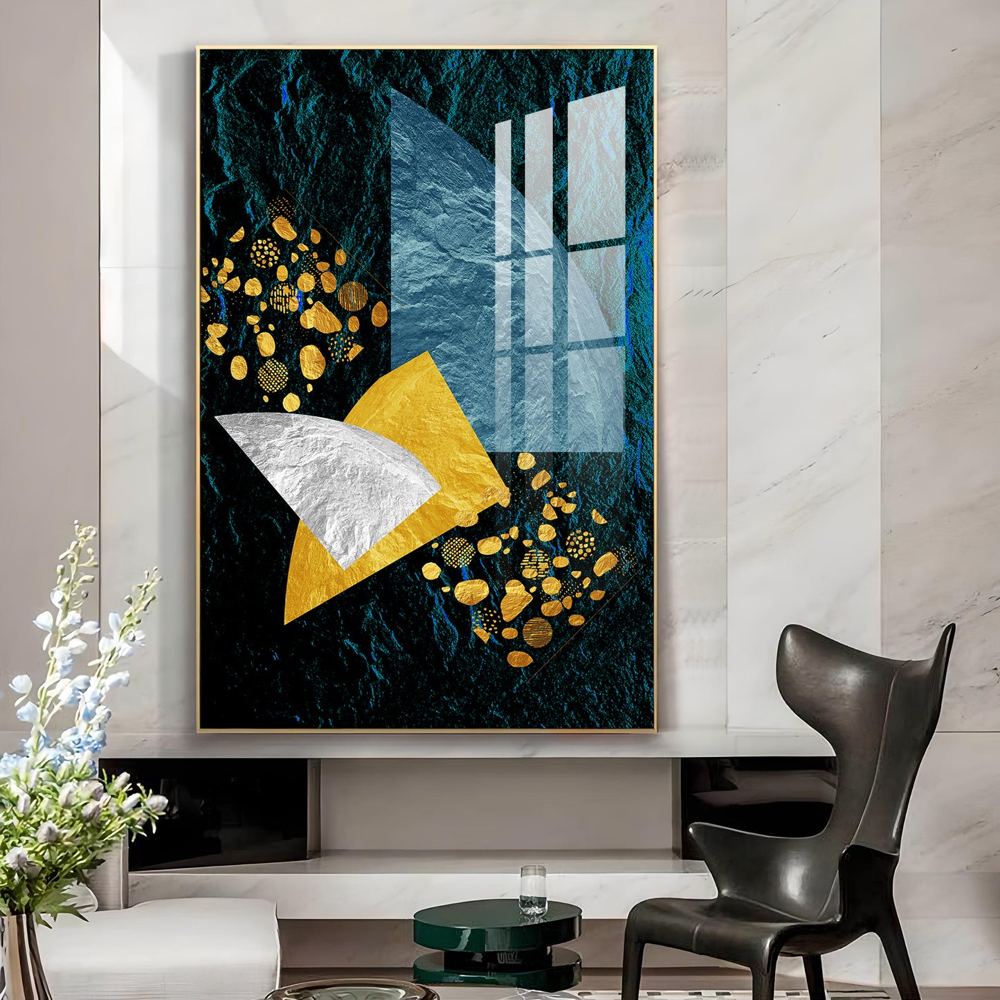 Golden Azure Symphony Glass Finish Vertical Wall Art