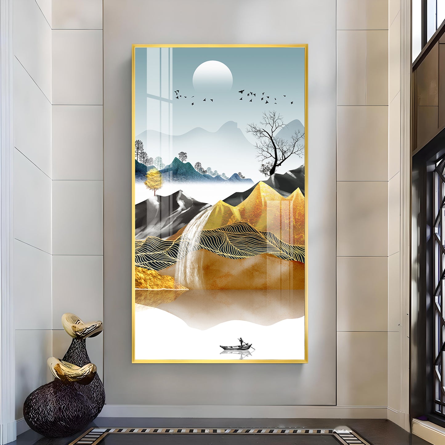 Oat and Birds Artwork Glass Finish Vertical Wall Art