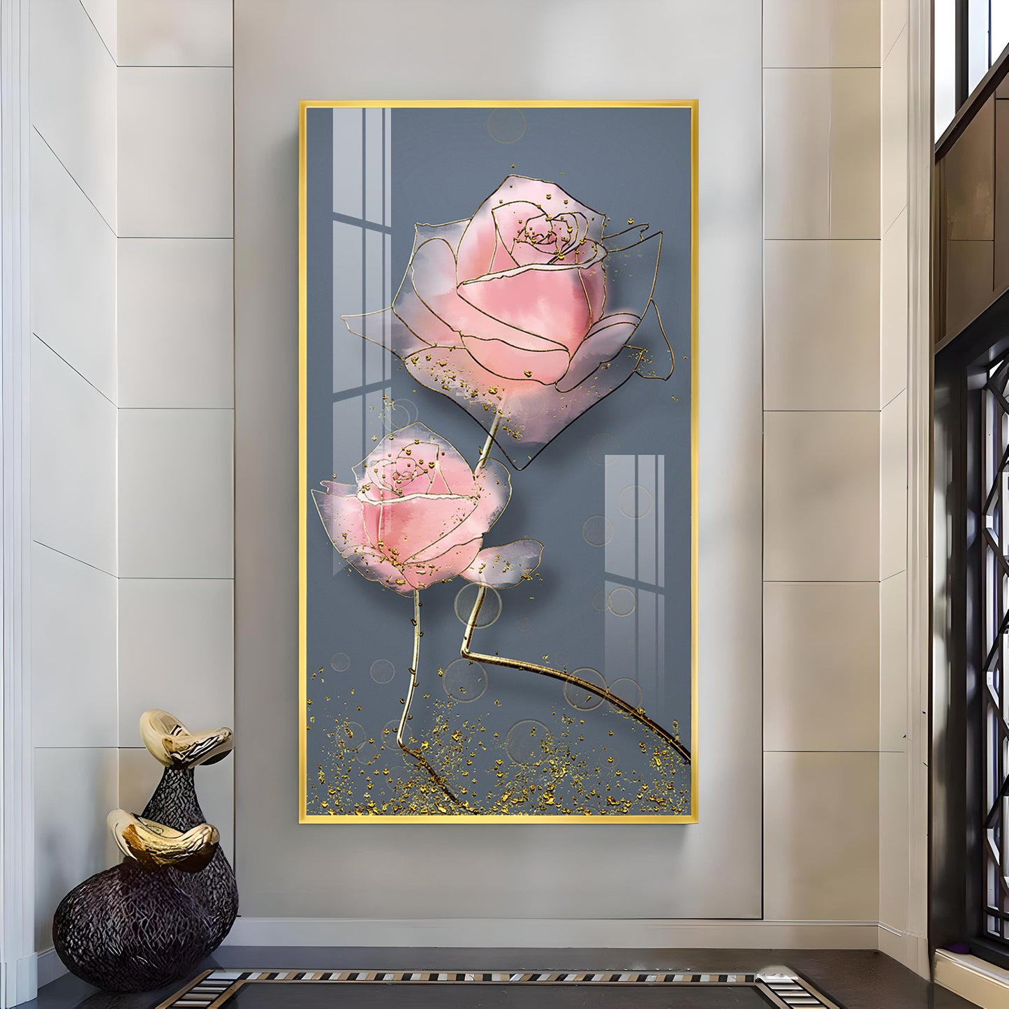 Floral Elegance Glass Finish Vertical Wall Art