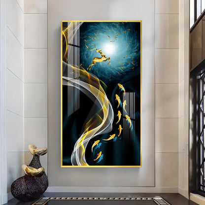 The Golden Swim Glass Finish Vertical Wall Art