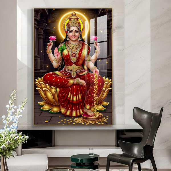 Lakshmi's Blessing Glass Finish Vertical Wall Art