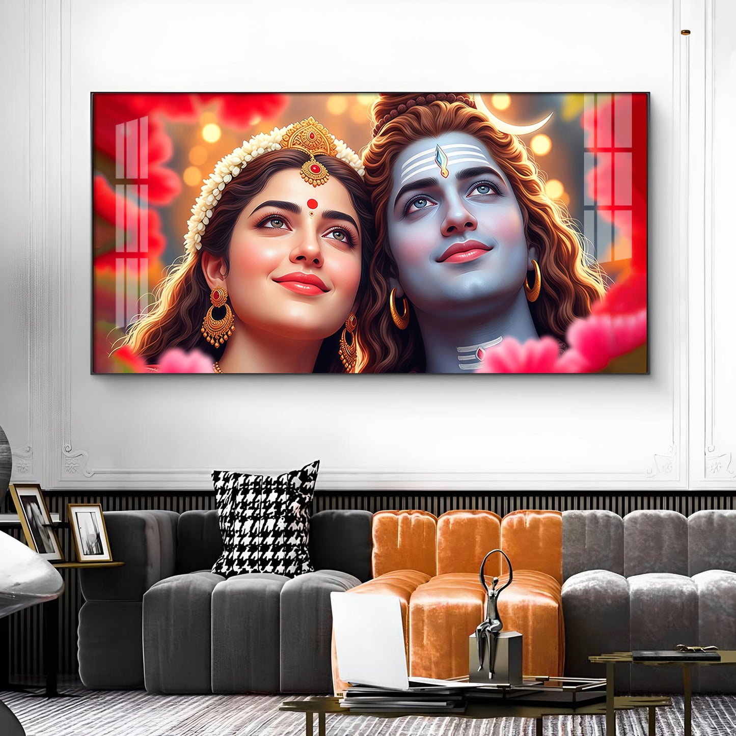 Lord Shiva and Parvati Glass Finish Horizontal Wall Art