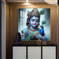Baby Krishna With Peacock Glass Finish Square Wall Art