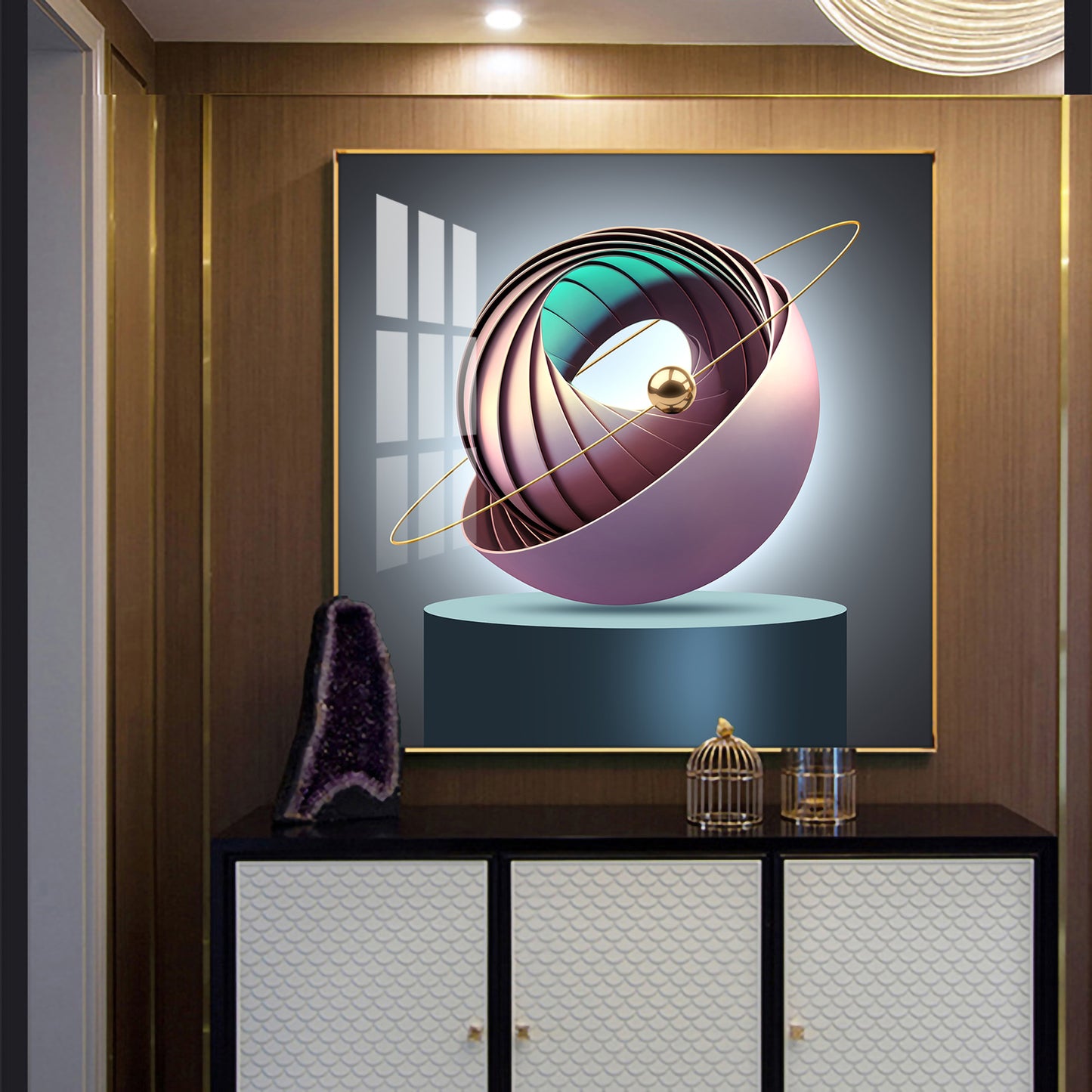 Aureate Ringed Sphere Glass Finish Square Wall Art