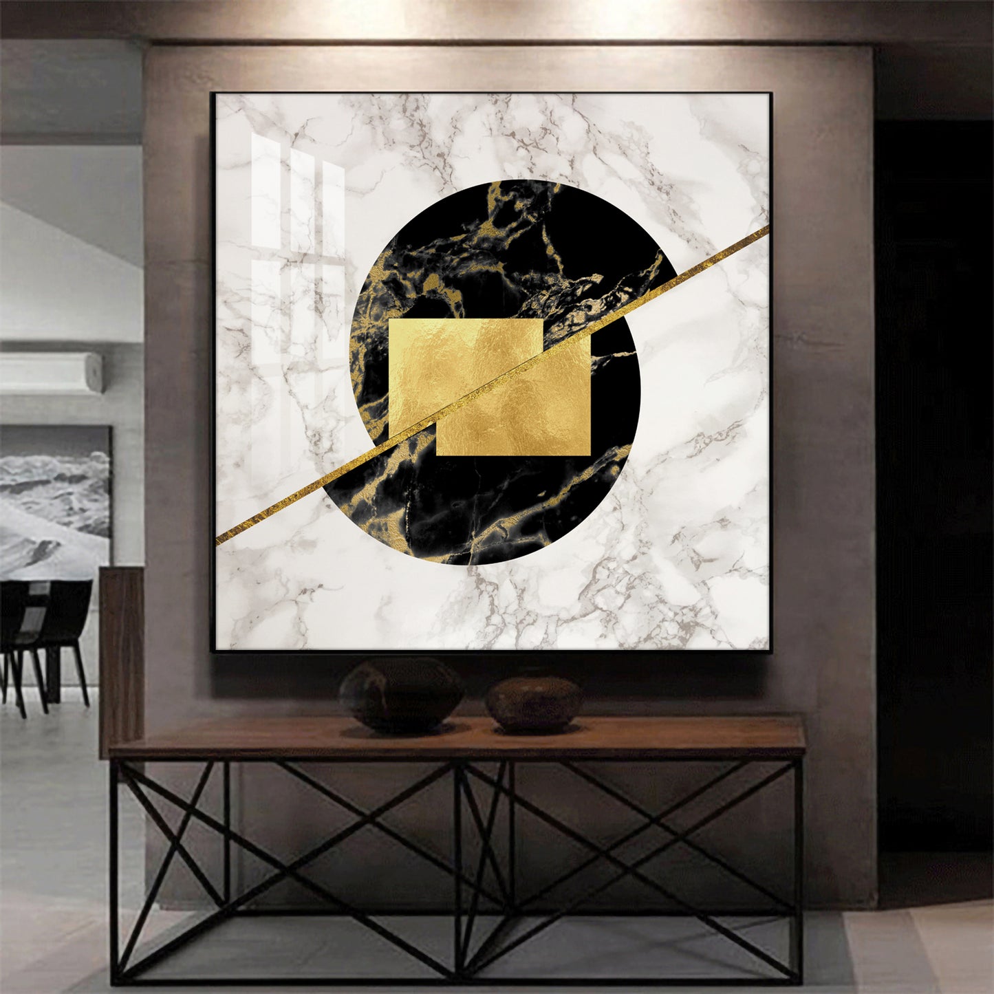 Gold-Infused Black Marble Glass Finish Square Wall Art