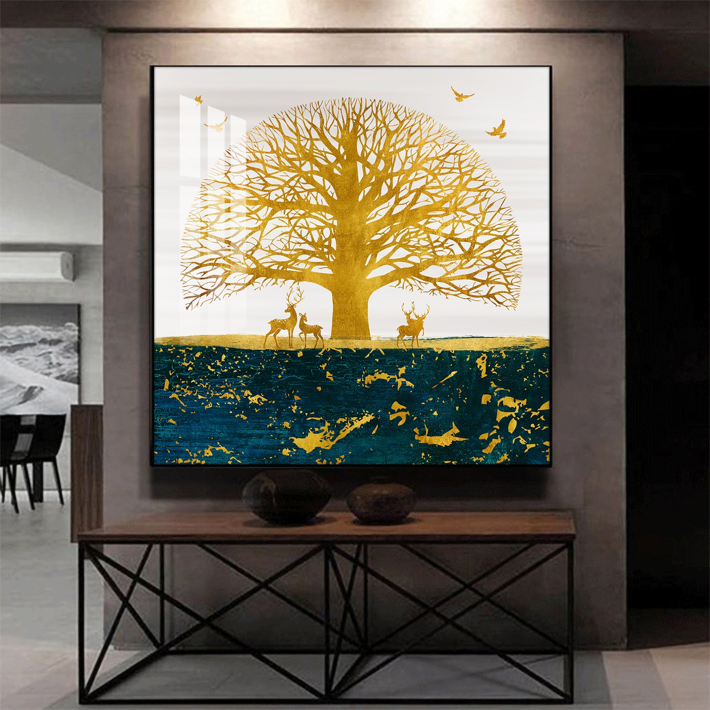 Portrait of Deer and Tree Glass Finish Square Wall Art