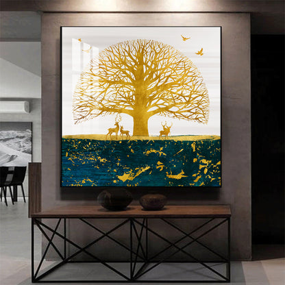 Portrait of Deer and Tree Glass Finish Square Wall Art