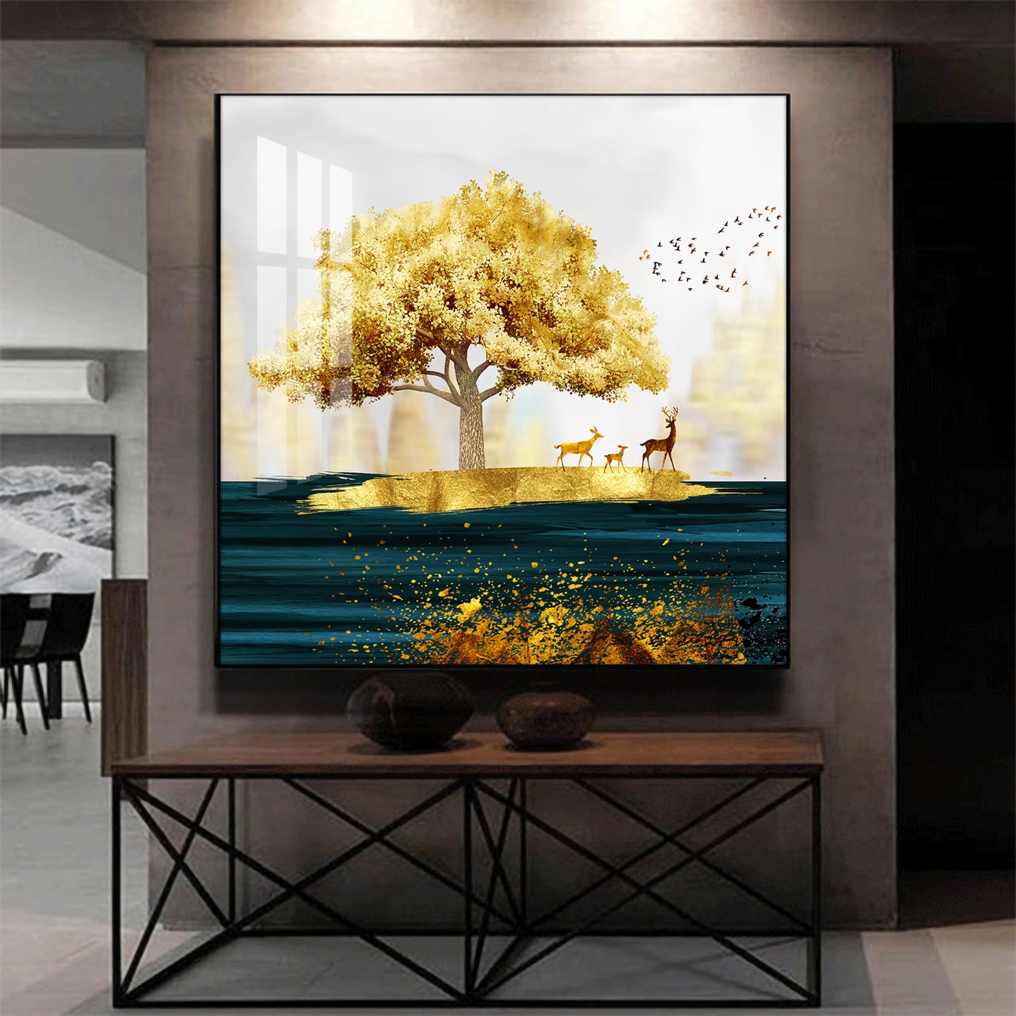 Golden Tree and Deer Glass Finish Square Wall Art