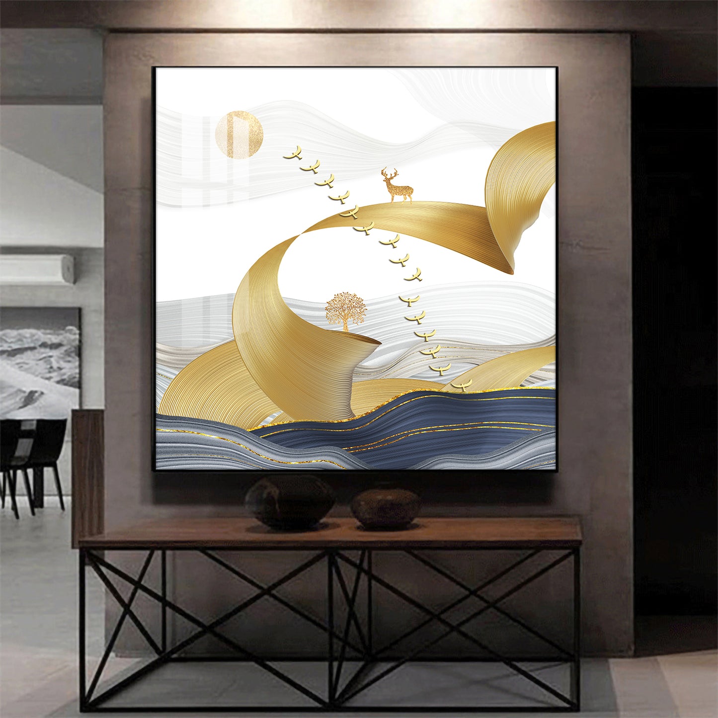 Golden Bird Above the Peaks Glass Finish Square Wall Art