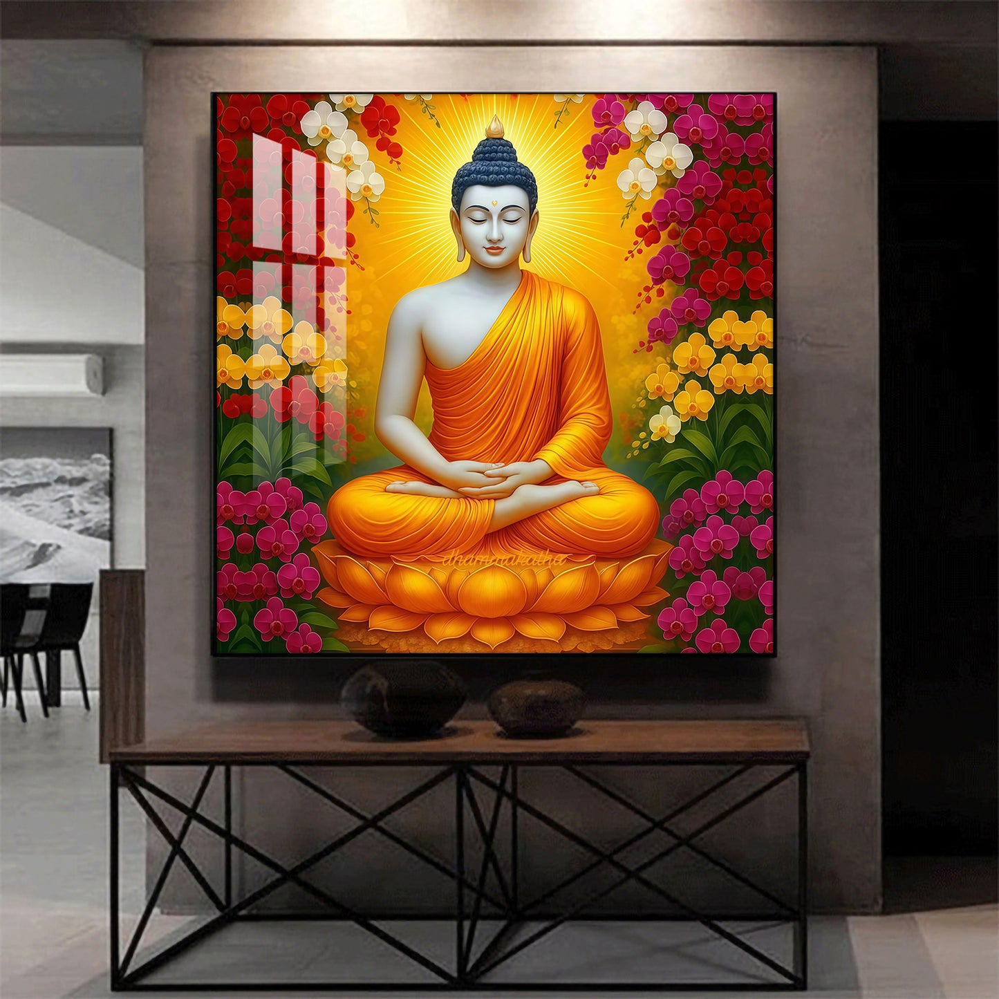 Serene Gautam Buddha Glass Finish Square Wall Art