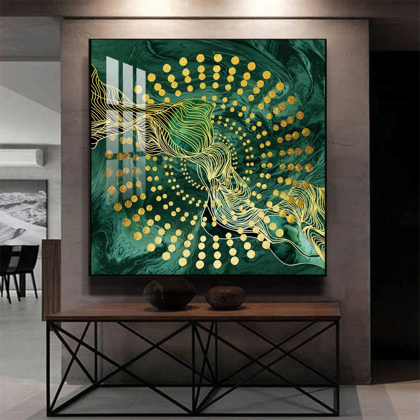 Emerald Abstraction Glass Finish Square Wall Art