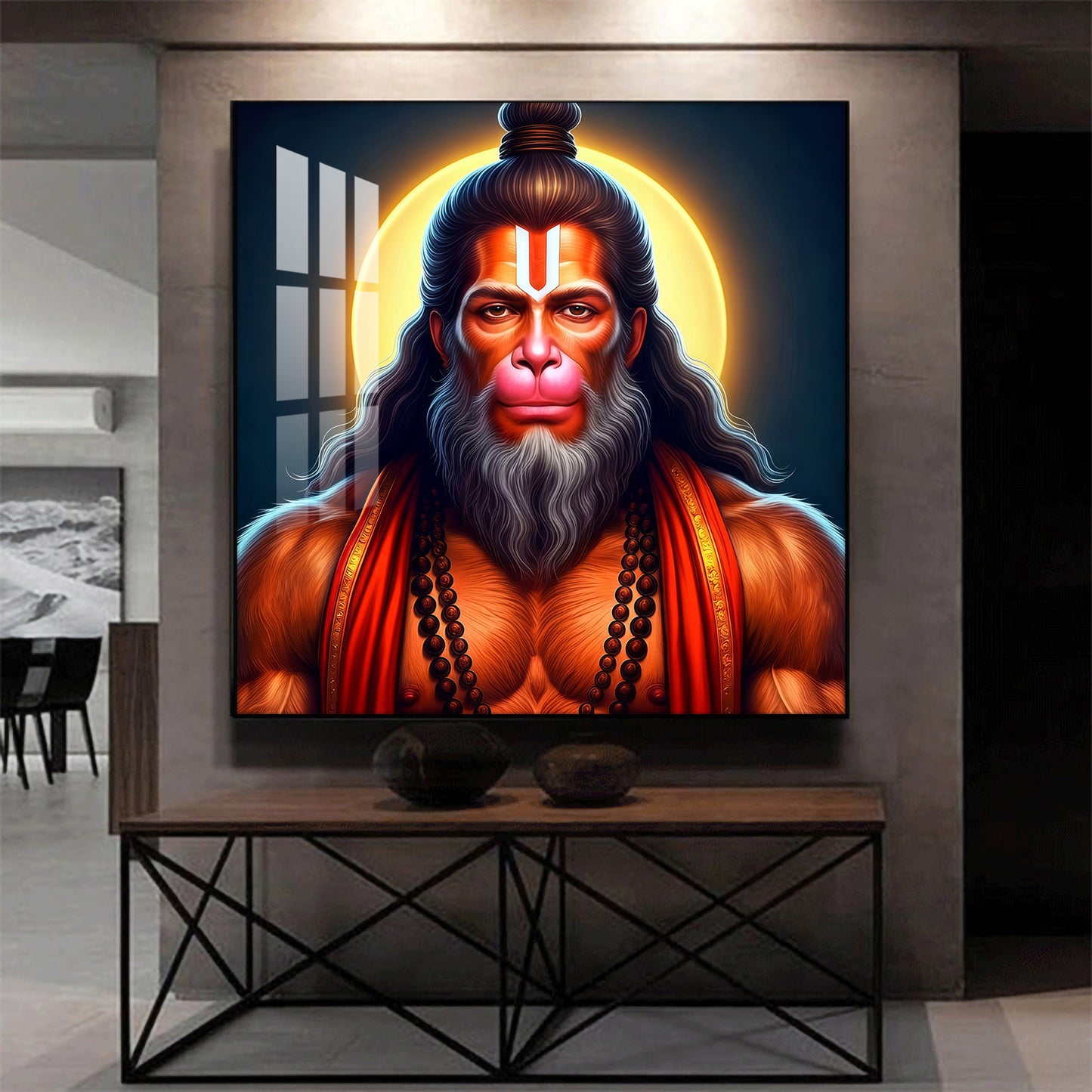 Lord Hanuman Glass Finish Square Wall Art