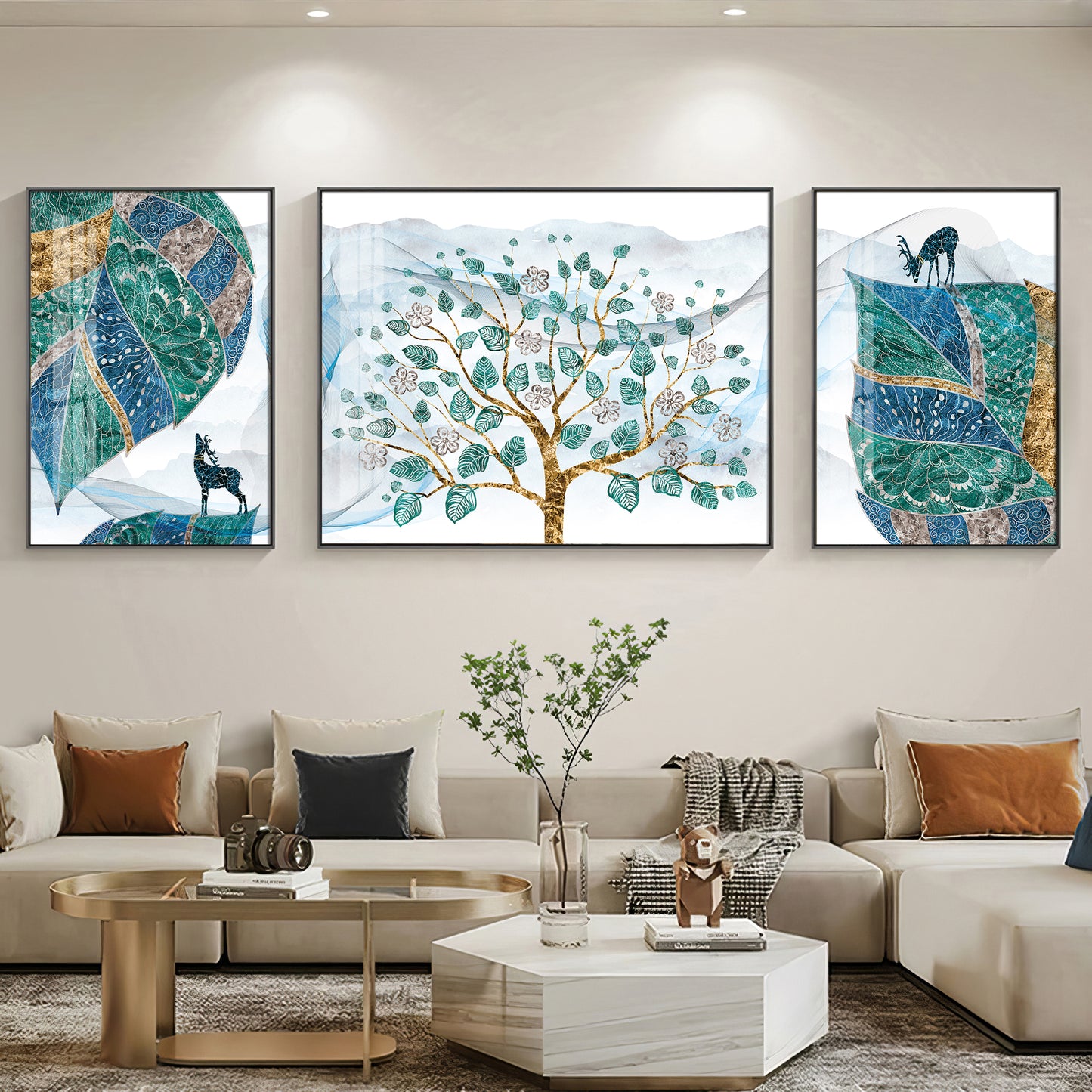 Deer & Tree Elegance Glass Finish Wall Art (Set Of 3)