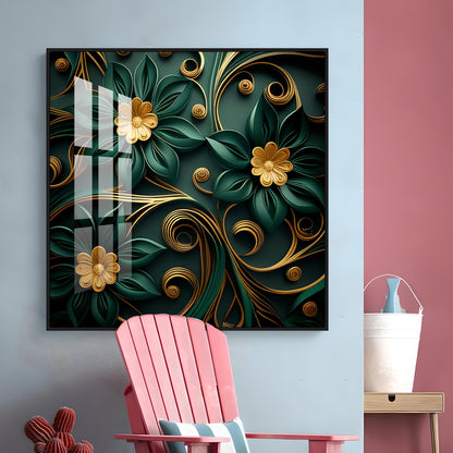 Emerald Garden Flower Glass Finish Square Wall Art