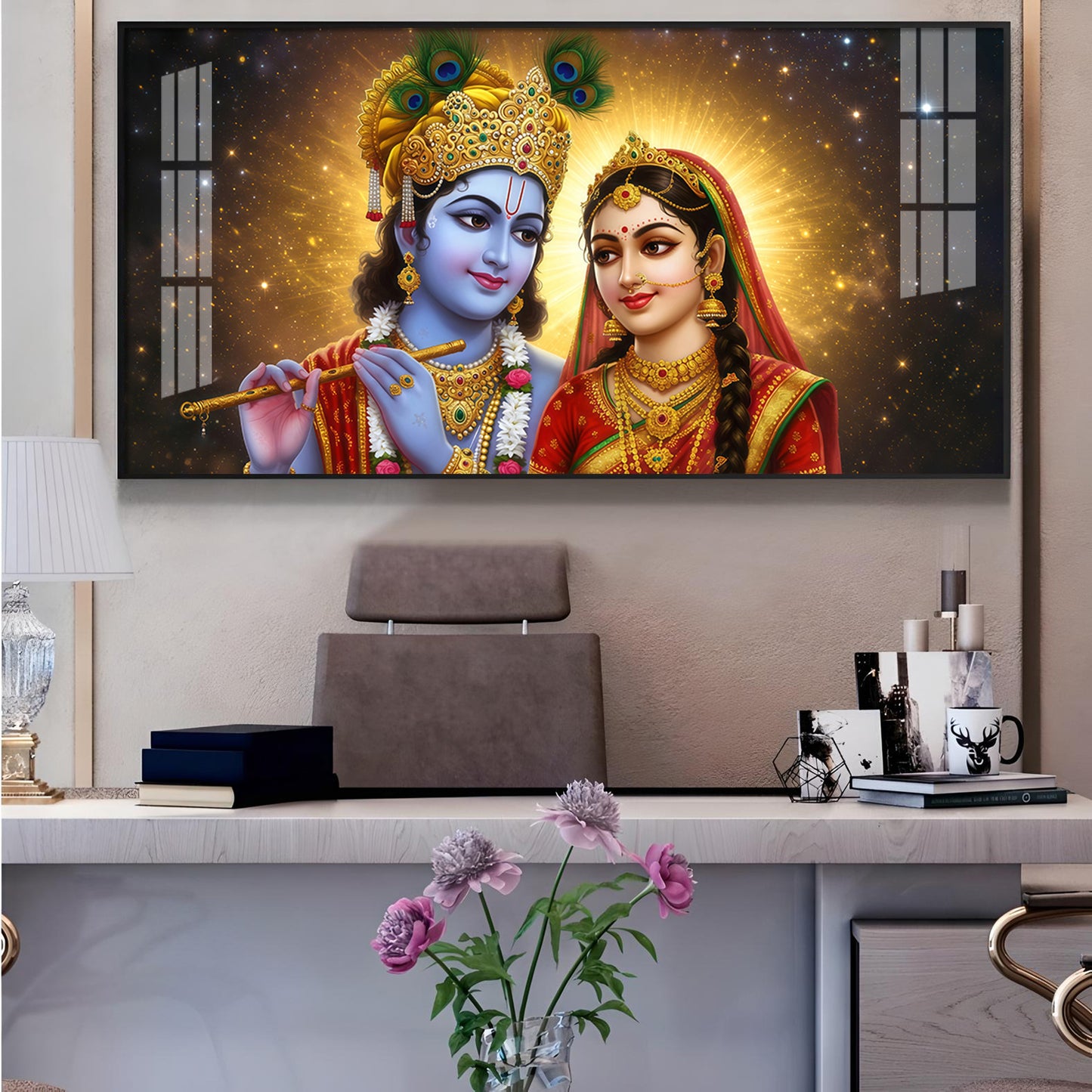 Sri Radhe Krishna Loving Charm Glass Finish Horizontal Wall Art