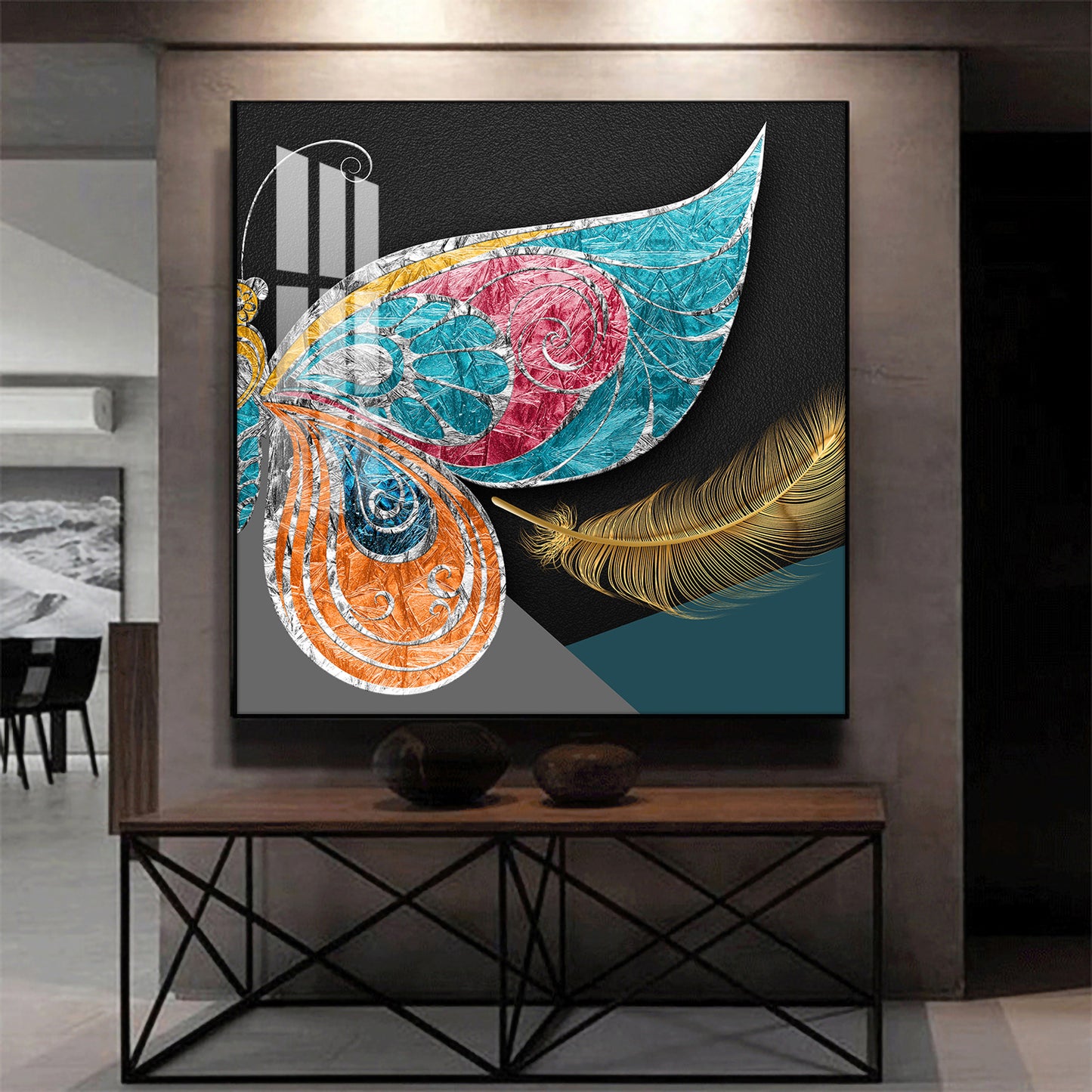 Chromatic Feather Glass Finish Square Wall Art