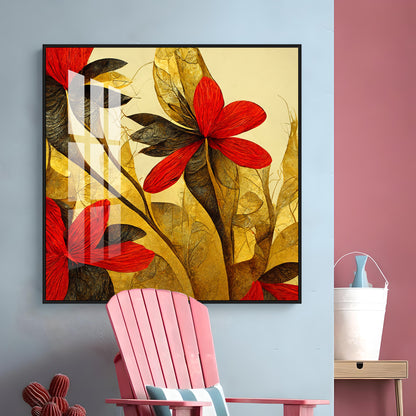 Scarlet Bloom Glass Finish Square Wall Art