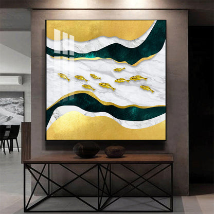 Golden Abstraction Of Fishes Glass Finish Square Wall Art